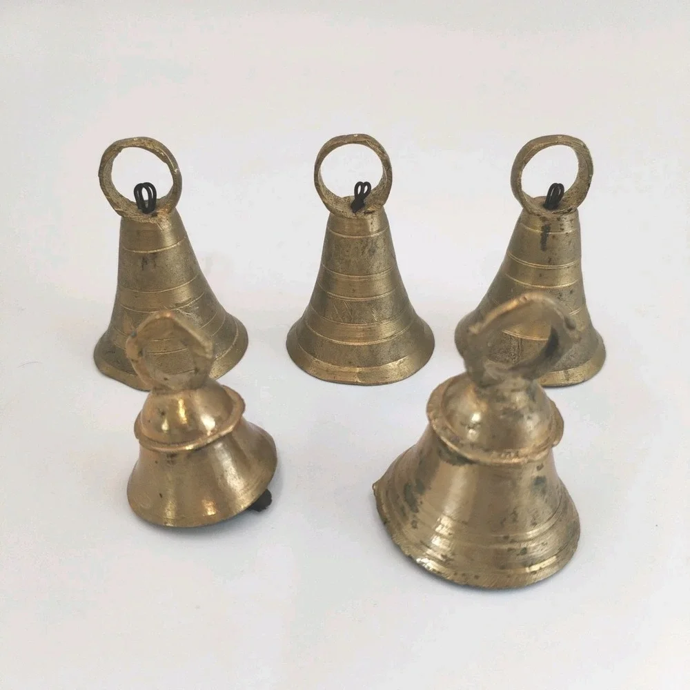 Vintage Brass Bells Lot of 5 India Bell Cone & Domed Clapper Boho Decor